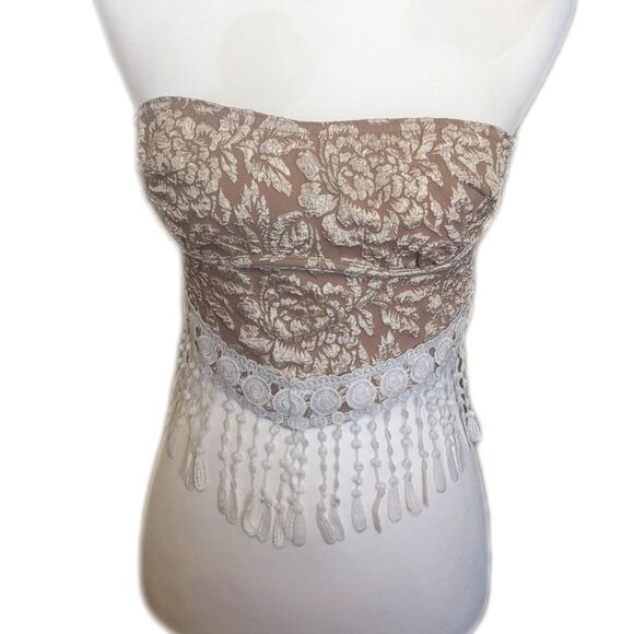 SHEIN strapless tie back halter crop top, taupe tan floral, white fringe S - Picture 1 of 8